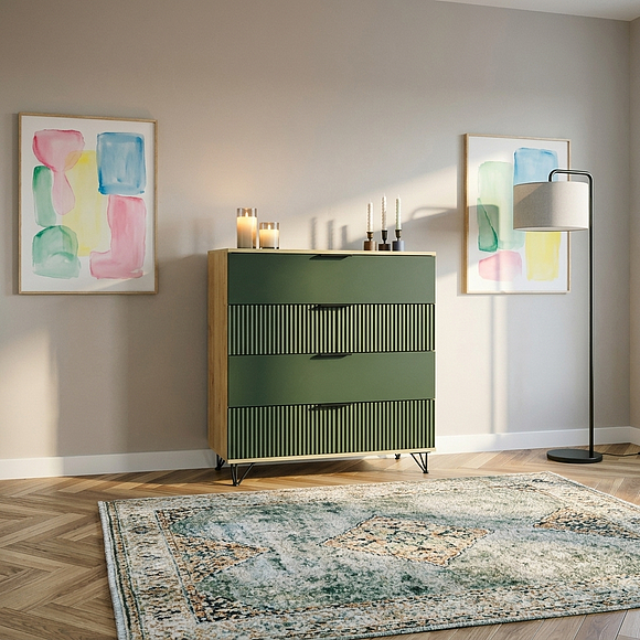 Комод «Рокси» П6.948.1.02, ადგილი: ლდსპ, ფერი: გრინ სოფტი+მუხის კანტრი მოოქროვილი