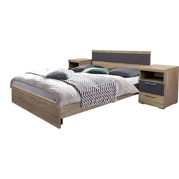 Кровать двойная «Амаранти» П571.04, Материал: ЛДСП, Цвет: Дуб тобакко синхро + Шагрень графит, Спальное место: 200x160 мм, Размер: 2066×1650×889