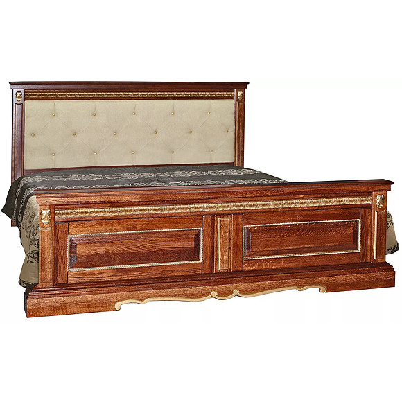 ორადგილიანი საწოლი «მილანა» მაღალი ფეხებით,რბილი საზურგე , ადგილი: მასიური მუხა, ფერი: ბლისფერი ოქროსფერი ორნამენტებით, ტრანსფორმაციის მექანიზმი: მექანიზმის გარეშე, საძილე ადგილი: 2000x1600 мм, ზომა: 2187x1772x1035