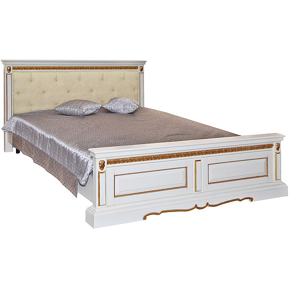 ორადგილიანი საწოლი «მილანა» მაღალი ფეხებით,რბილი საზურგე , ადგილი: მასიური მუხა, ფერი: სპილოს ძვლის ფერი ოქროსფერი ორნამენტებით, ტრანსფორმაციის მექანიზმი: მექანიზმის გარეშე, საძილე ადგილი: 2000x1600 мм, ზომა: 2187x1772x1035