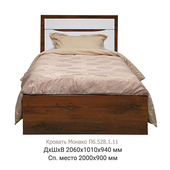 ერთადგილიანი საწოლი «მონაკო» დაბალი ფეხით, ადგილი: ლდსპ, ფერი: მუხა სატერი+თეთრი პრიალა, საძილე ადგილი: 2000x900 мм, ზომა: 2060х1010х940 мм