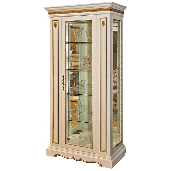 კარადა ვიტრინით «მილანა 8» პ4.265.0.08(265.08), ადგილი: მასიური მუხა, ფერი: სპილოს ძვლის ფერი ოქროსფერი ორნამენტებით