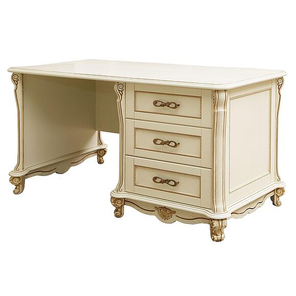 საწერი მაგიდა «ალეზი» პ1.350.2.07 (პ395.07), ადგილი: მასიური მუხა, ფერი: სპილოს ძვლის ფერი ოქროსფერი ორნამენტებით