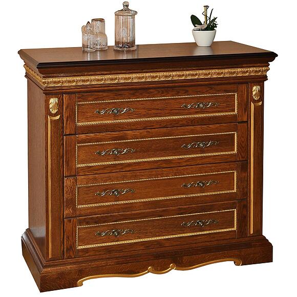 კომოდი «მილანა 11ც» პ4.265.1.11(294.11ც), ადგილი: მასიური მუხა, ფერი: ბლისფერი ოქროსფერი ორნამენტებით