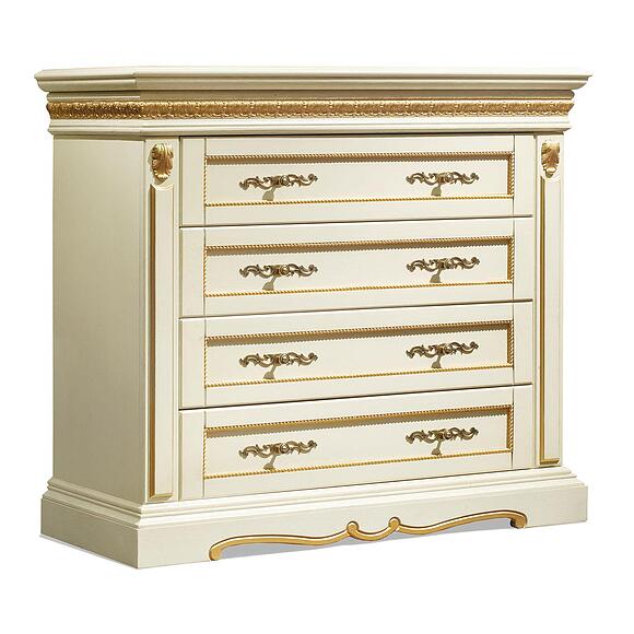 კომოდი «მილანა 11ც» პ4.265.1.11(294.11ც), ადგილი: მასიური მუხა, ფერი: სპილოს ძვლის ფერი ოქროსფერი ორნამენტებით