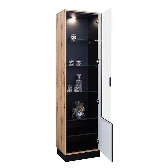 კარადა ვიტრინით «ლაინი» პ6.619.0.01 (П619.01-1), ადგილი: მდფ+პვხ, ფერი: ნაცრისფერი ქვა/ ვოტანის მუხა / შავი