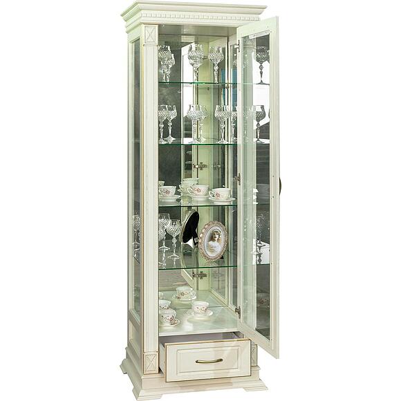 კარადა-ვიტრინა «ვერდი კლასიკი» პ1.0487.0.11, ადგილი: მასიური მუხა, ფერი: სპილოს ძვლის ფერი ოქროსფერი ორნამენტებით