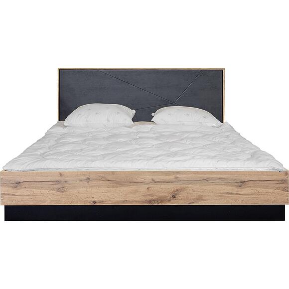 Кровать двойная «Лайн», Материал: ЛДСП+МДФ, Цвет: Камень серый/Дуб вотан/Чёрный, Спальное место: 2000x1600 мм, Размер: 2142х1676х950